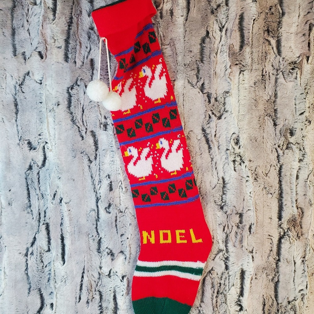 Vintage Knit Merry Red Christmas Stocking Sock Noel White Swans Ducks - 24" Long
